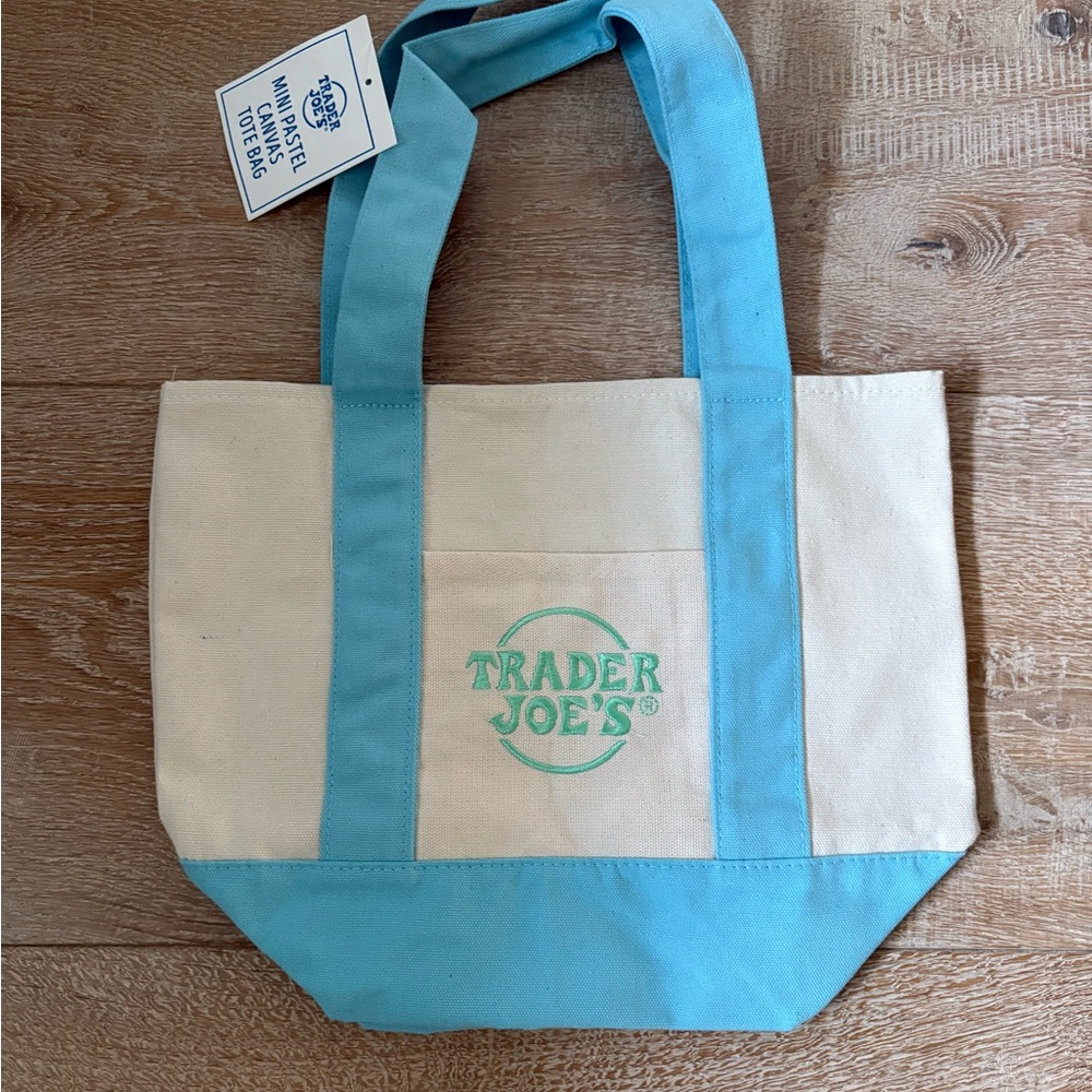 Trader Joe's Mini Canvas Tote Bag in Cream and Light Blue